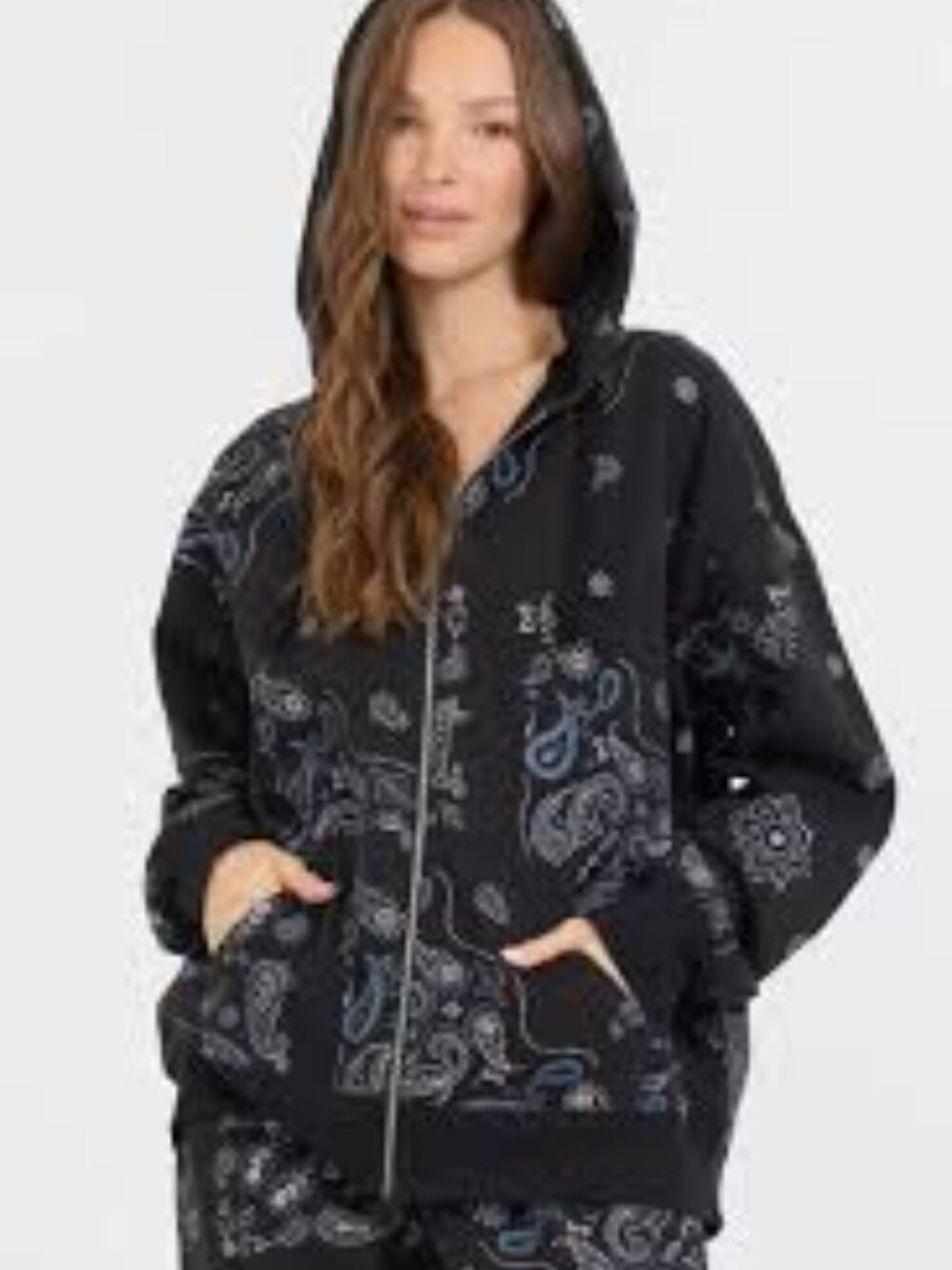 Vintage Havana Black Bandana Print Fleece Oversized Zip Up Hoodie - M - NWT